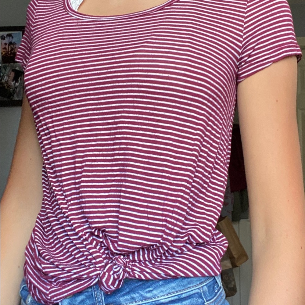 A maroon and white stripped short sleeve
